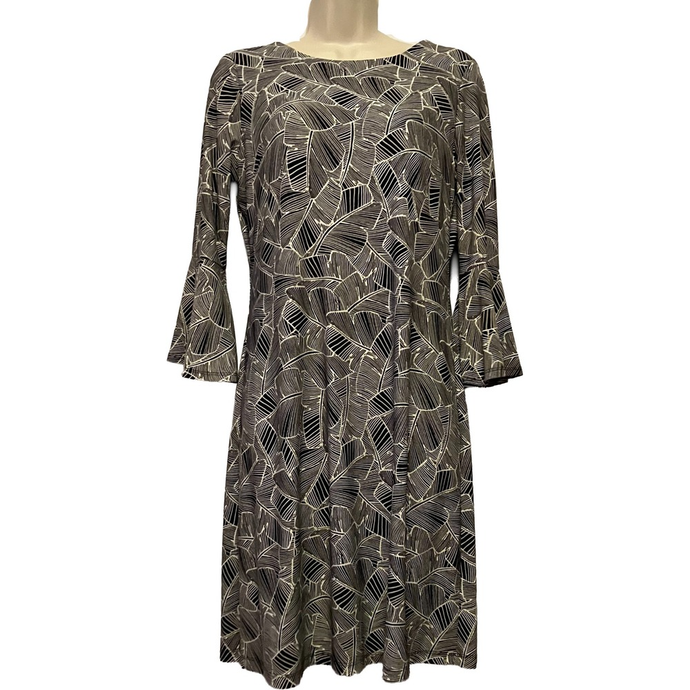 Tommy Hilfiger Womens 6 Black White Palm Leaf Botanical Bell Sleeve Shift Dress - Picture 2 of 16